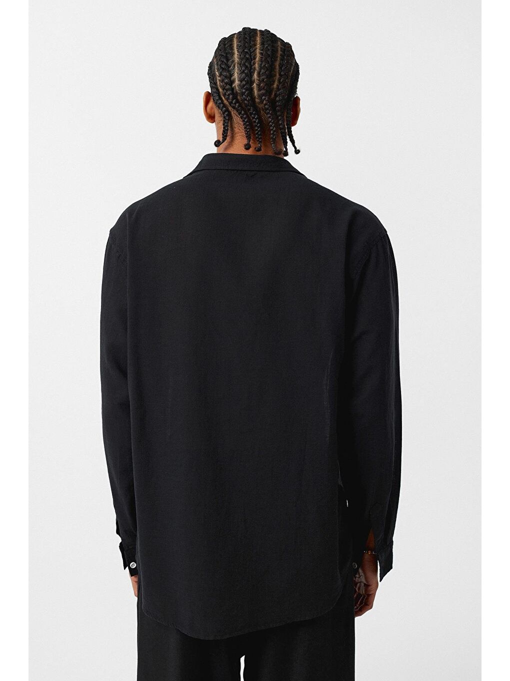 Basic Oversize Pamuk Keten Gömlek Siyah-4