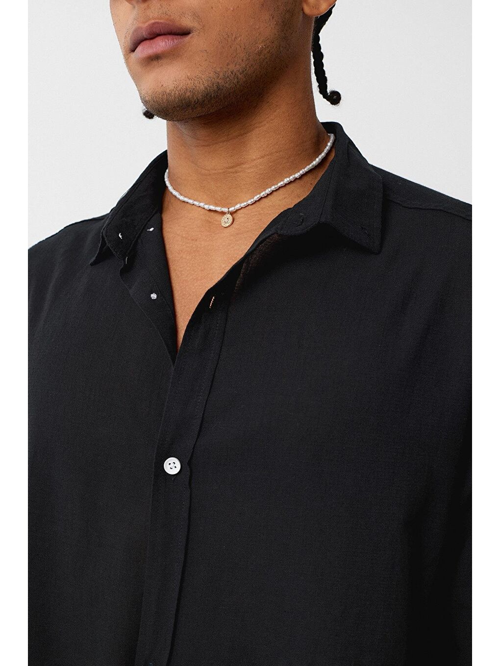 Basic Oversize Pamuk Keten Gömlek Siyah-5