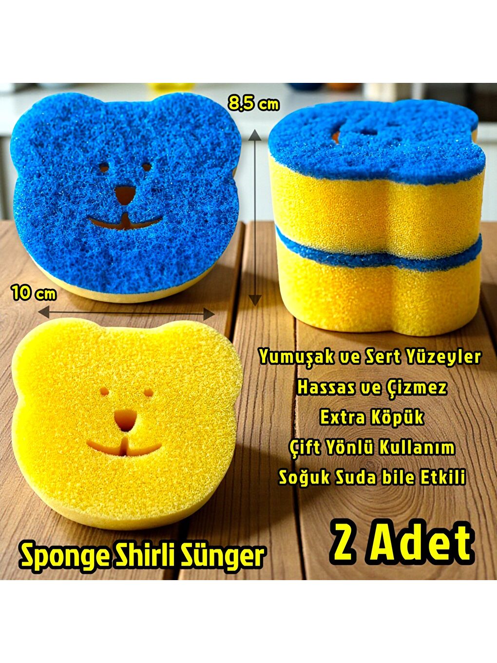 Sponge Çift Taraflı Gülen Yüz Çok Amaçlı Sihirli Bulaşık Süngeri Sarı Lacivert  2 Adet