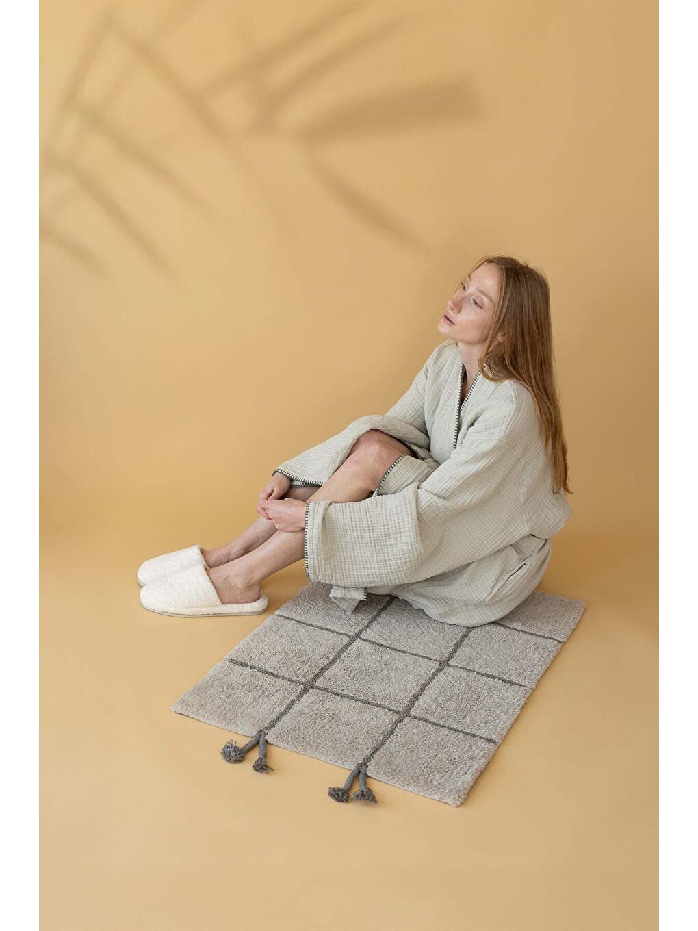 Yeşil Loom 4 Katlı Çoban Dikşili Kadın Bornoz Adaçayı-1