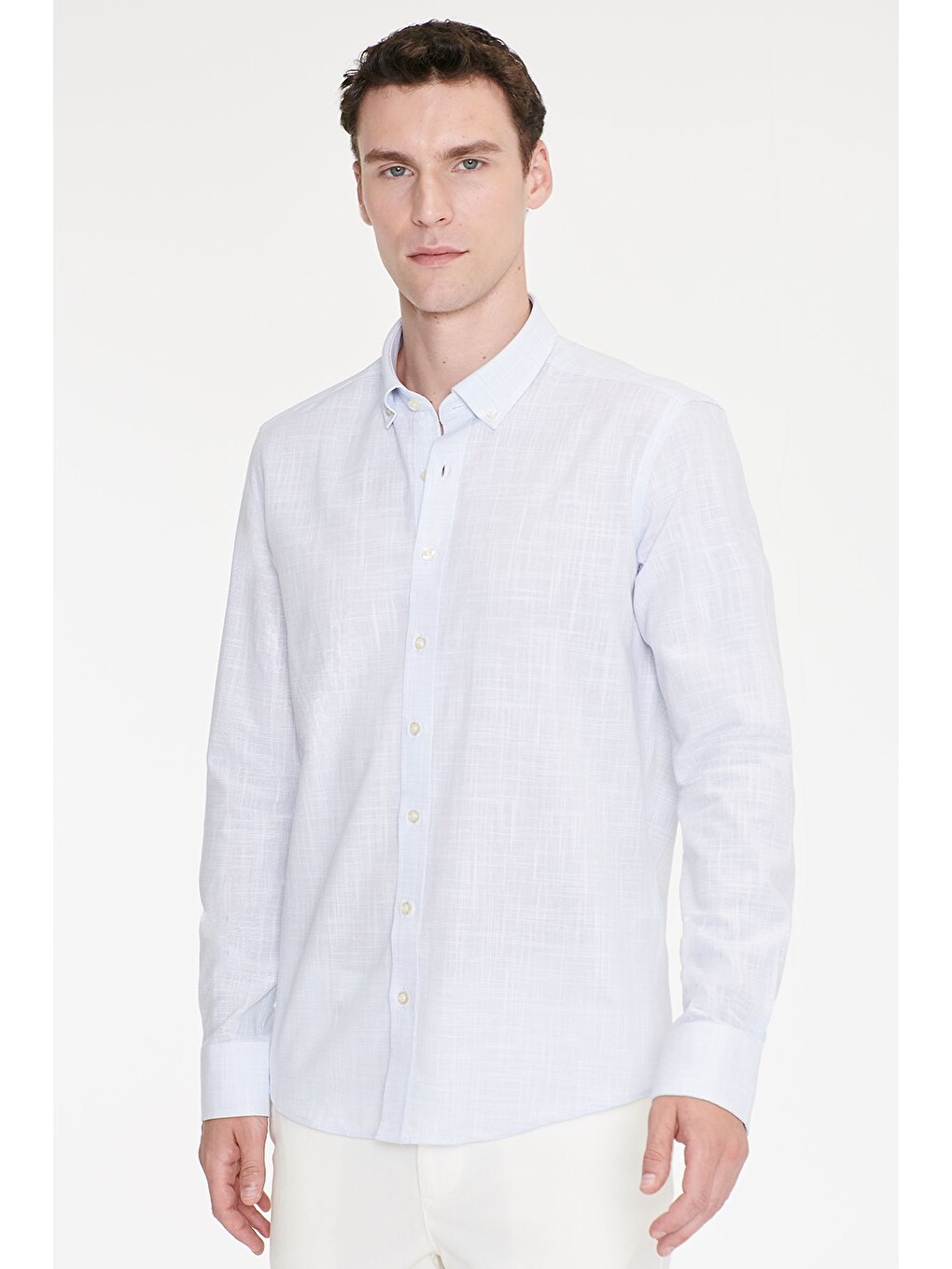 Erkek Mavi %100 Pamuk Slim Fit Dar Kesim Düğmeli Yaka Armürlü Flamlı Gömlek-2
