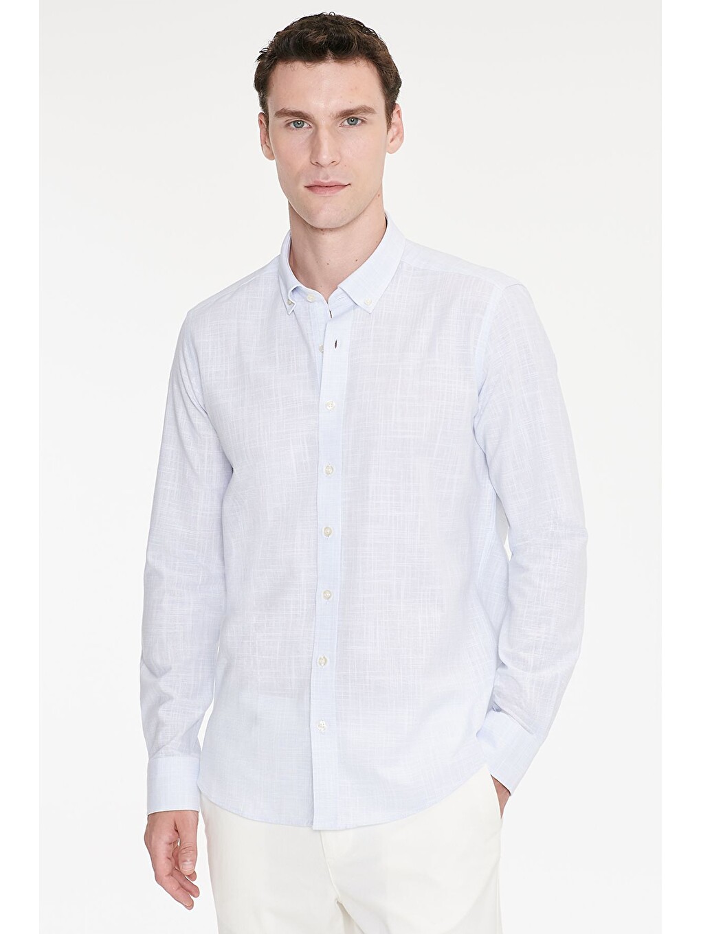 Erkek Mavi %100 Pamuk Slim Fit Dar Kesim Düğmeli Yaka Armürlü Flamlı Gömlek-3