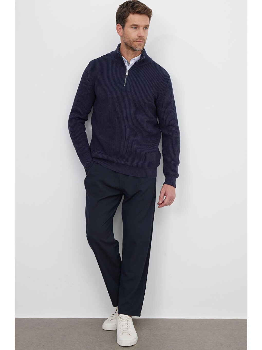 Erkek Slim Fit Dar Kesim Fermuarlı Lacivert Dik Yaka Triko Kazak-3