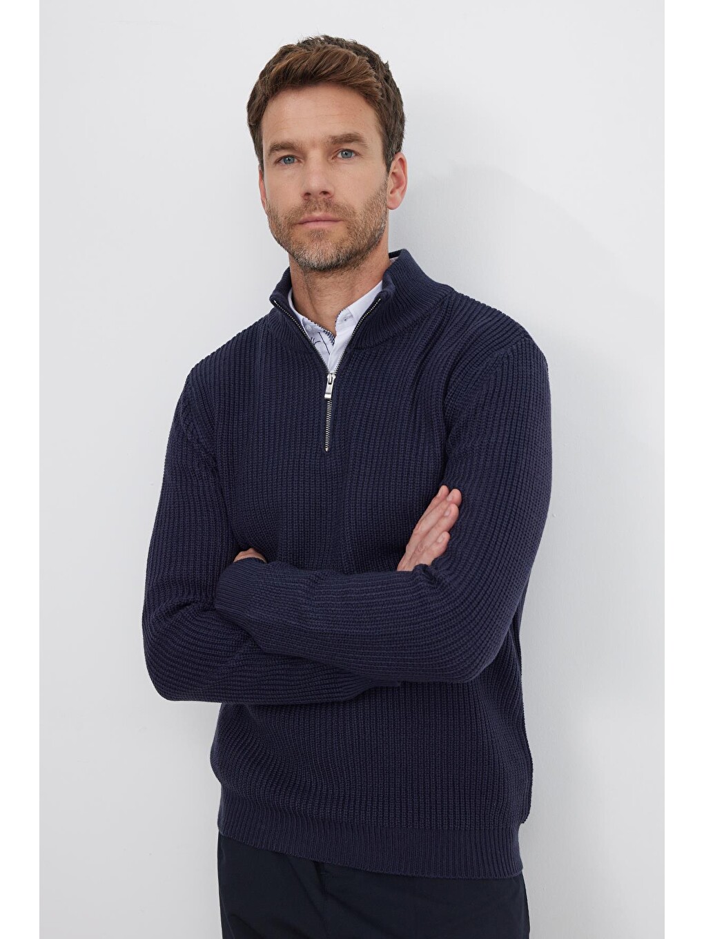 Erkek Slim Fit Dar Kesim Fermuarlı Lacivert Dik Yaka Triko Kazak-4