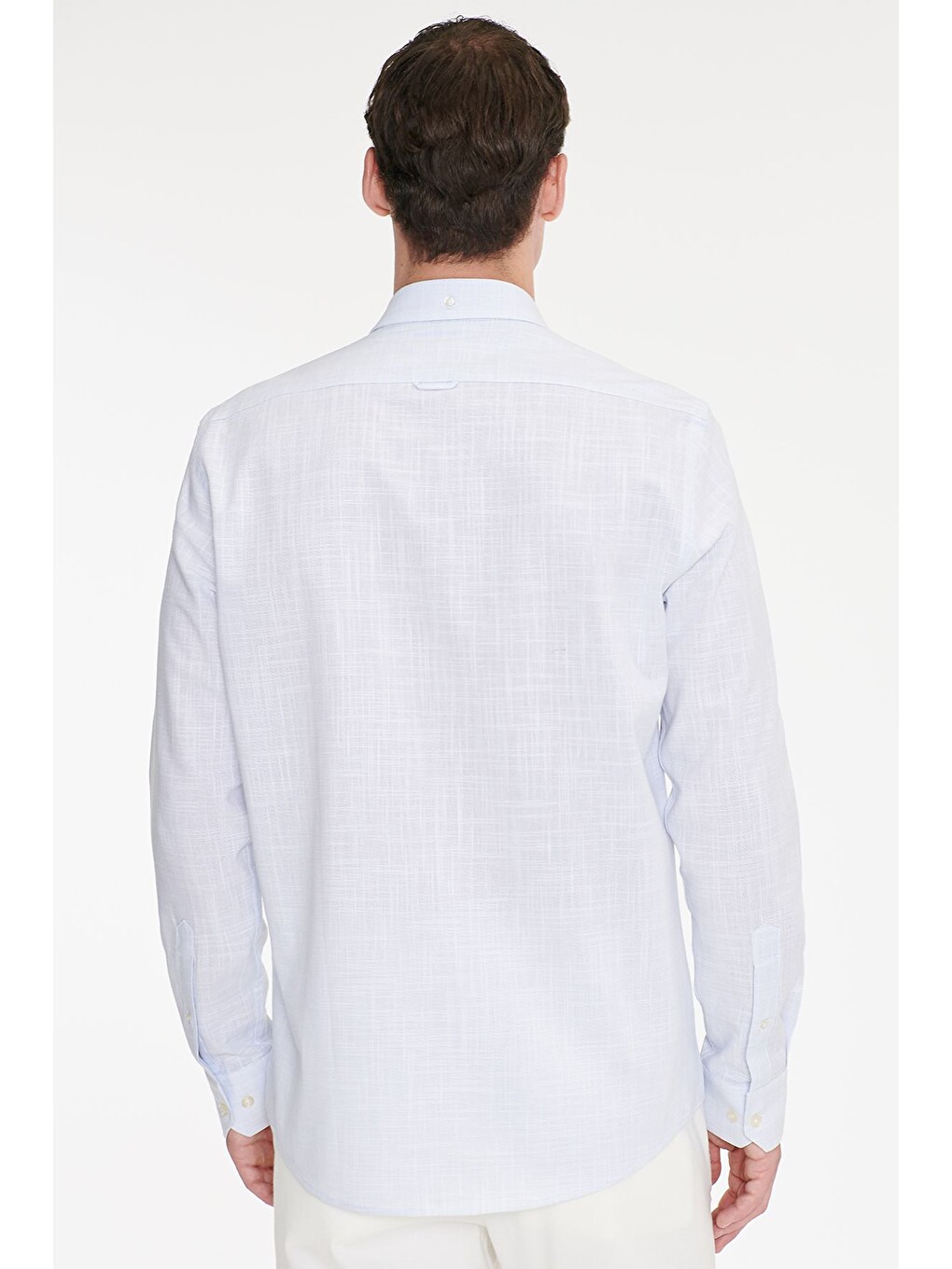 Erkek Mavi %100 Pamuk Slim Fit Dar Kesim Düğmeli Yaka Armürlü Flamlı Gömlek-5