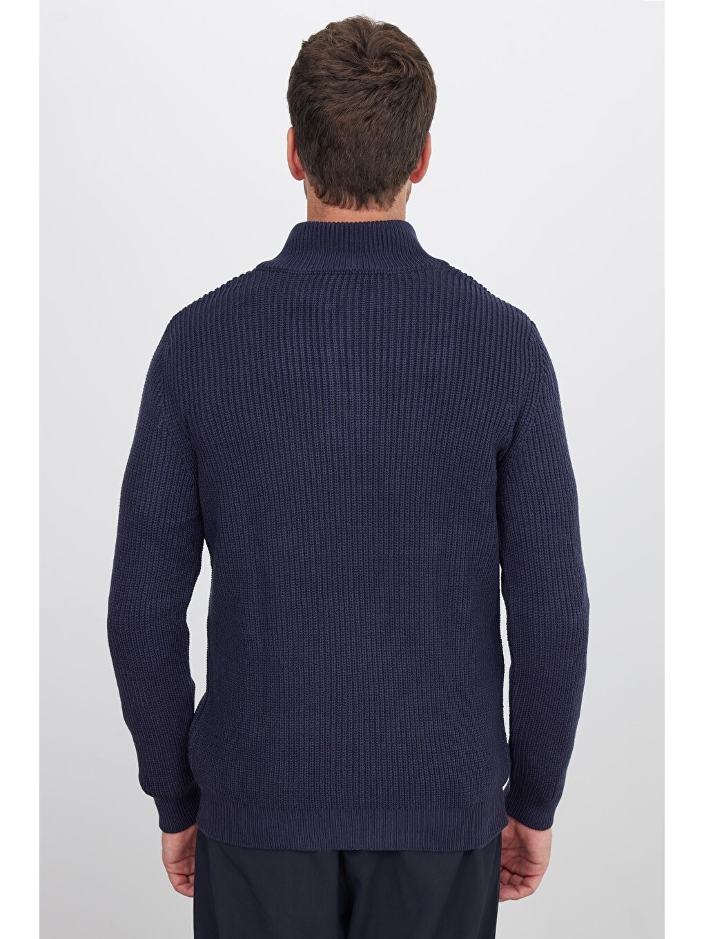 Erkek Slim Fit Dar Kesim Fermuarlı Lacivert Dik Yaka Triko Kazak-6