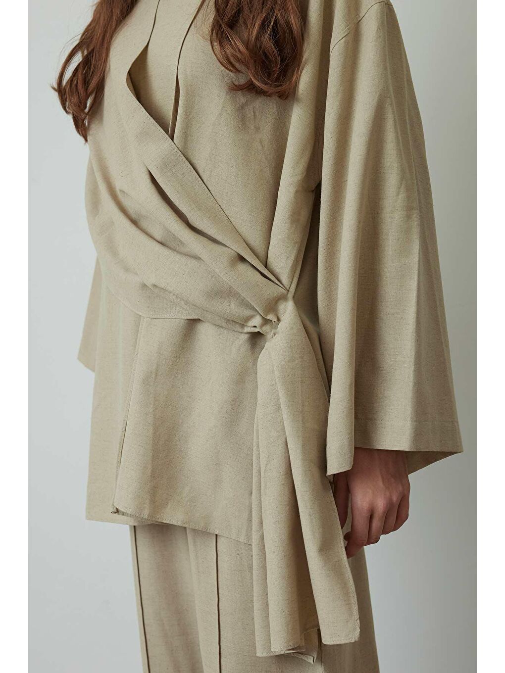 Bej Şal Aksesuarlı Vizon Keten Ceket-4