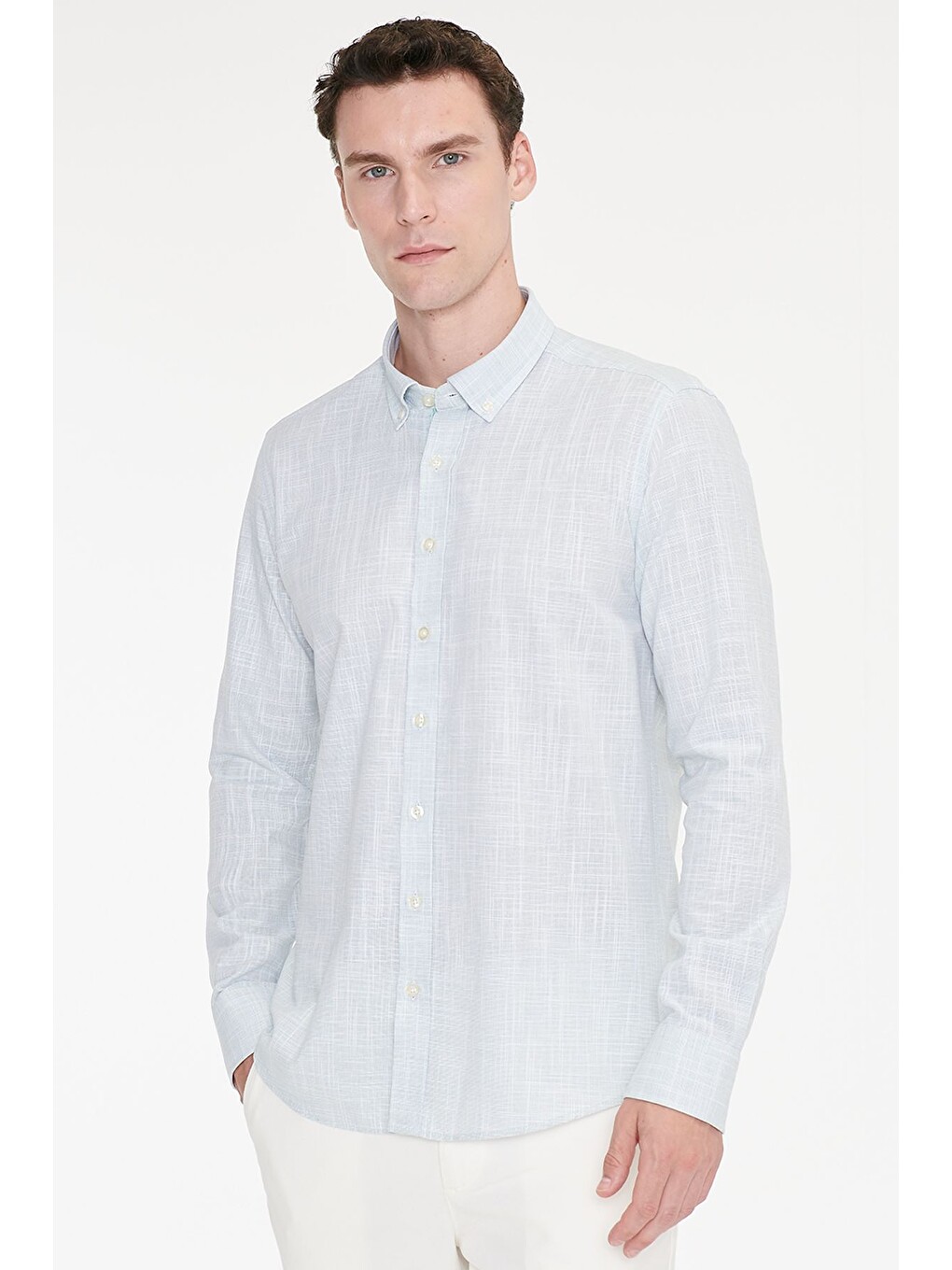 Erkek Haki %100 Pamuk Slim Fit Dar Kesim Düğmeli Yaka Armürlü Flamlı Gömlek-3