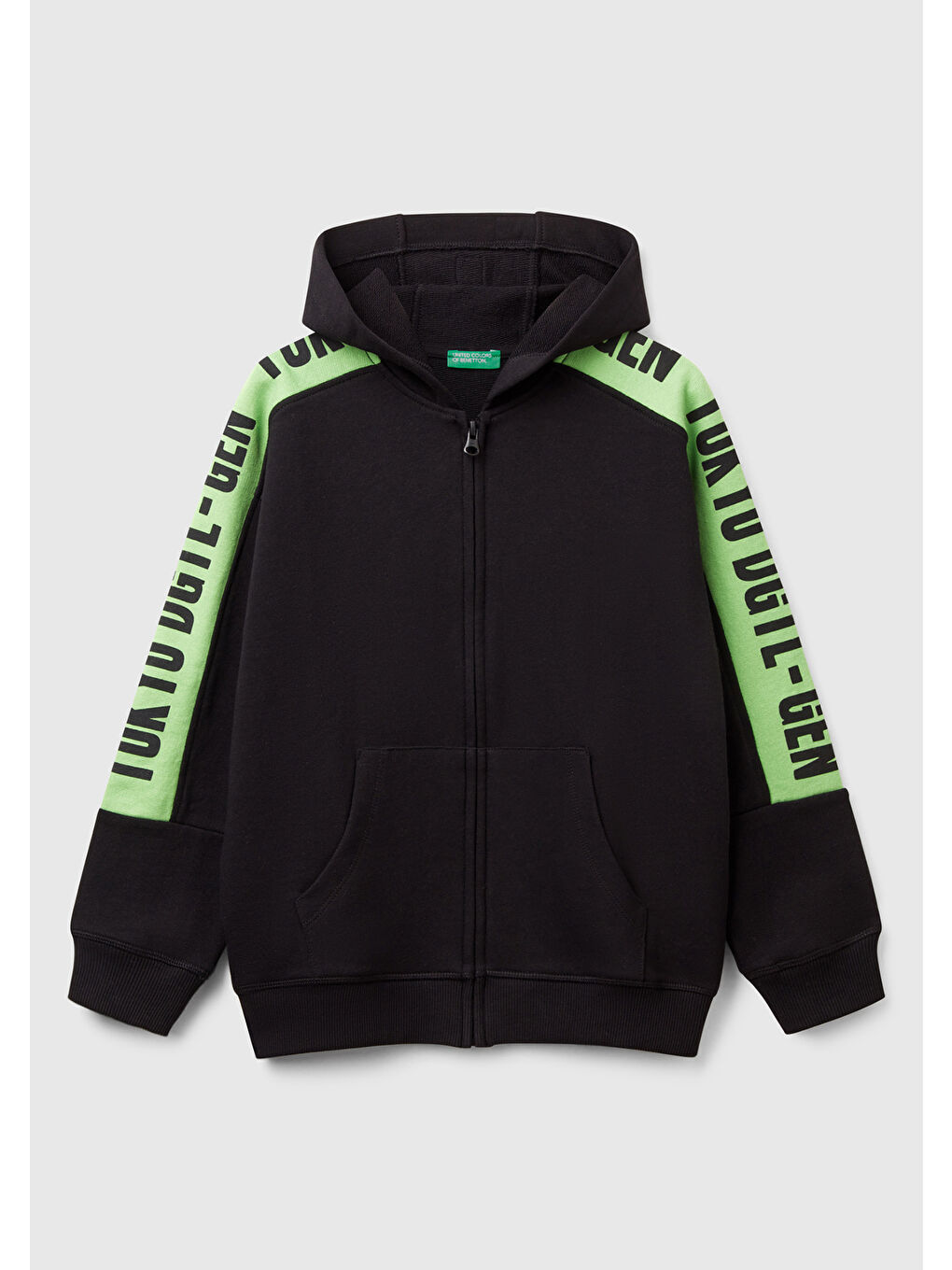 Erkek Çocuk Siyah Kolları Baskı Şerit Detaylı Fermuarlı Kapüşonlu Sweatshirt