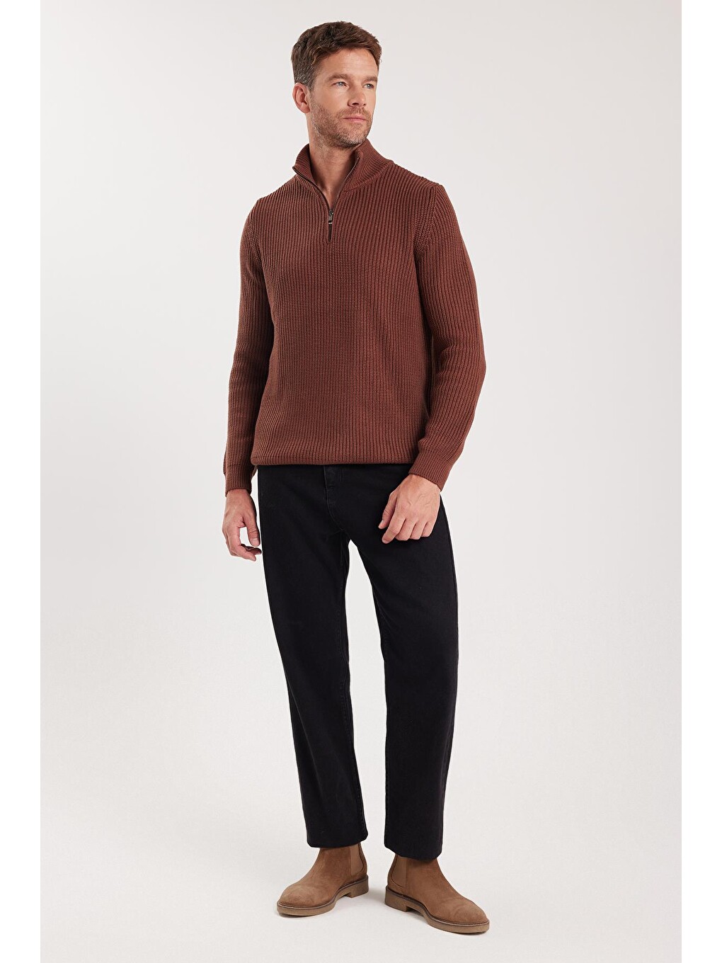 Erkek Slim Fit Dar Kesim Fermuarlı Kahverengi Dik Yaka Triko Kazak-3