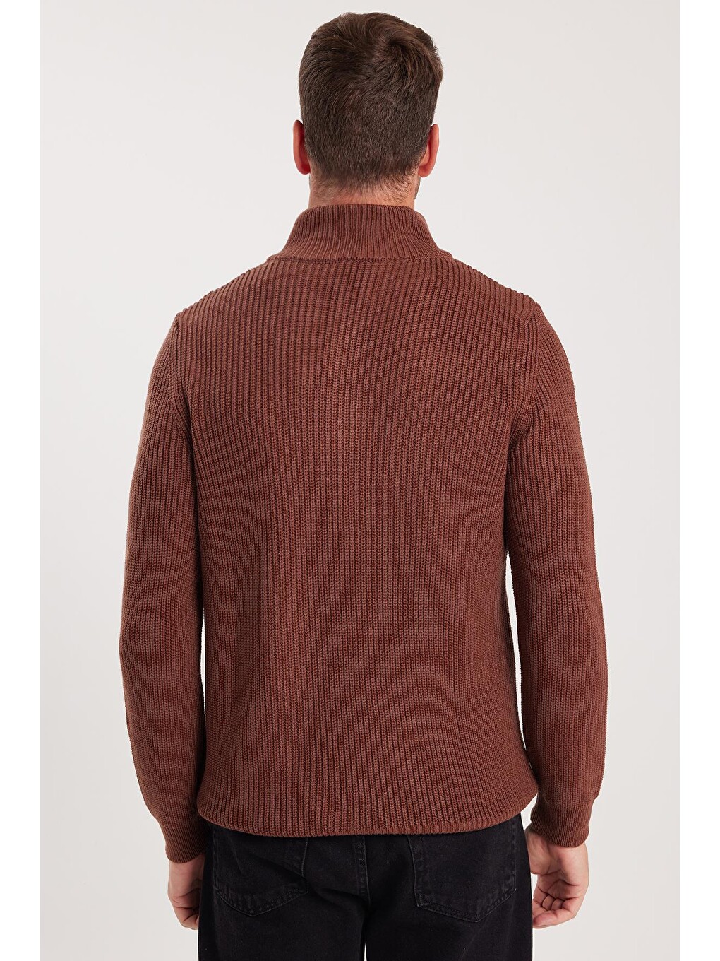 Erkek Slim Fit Dar Kesim Fermuarlı Kahverengi Dik Yaka Triko Kazak-6