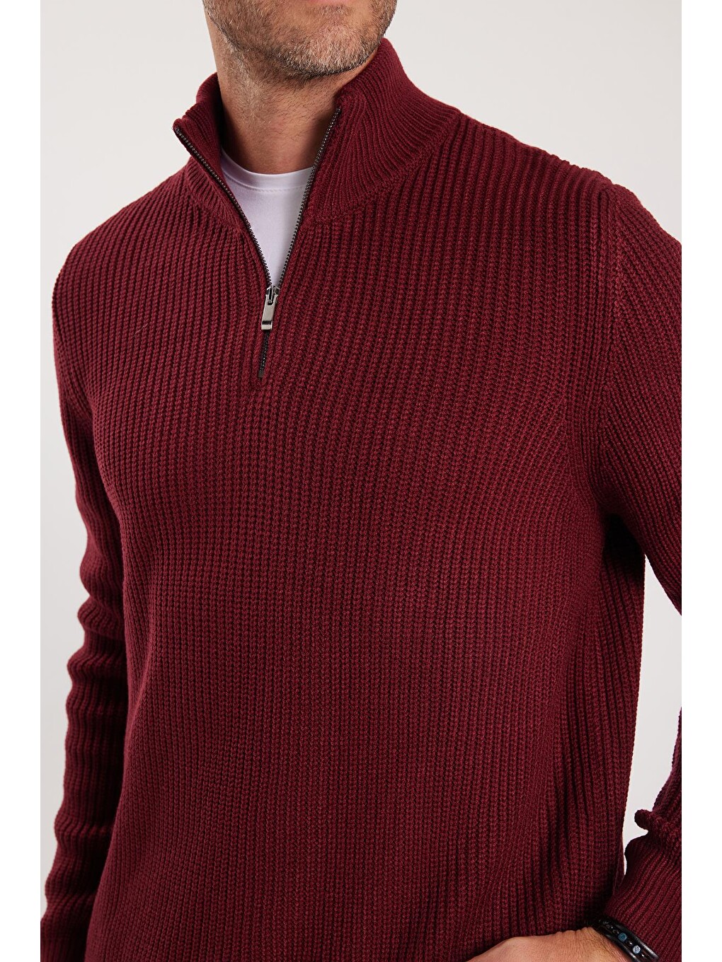 Erkek Slim Fit Dar Kesim Fermuarlı Bordo Dik Yaka Triko Kazak-2