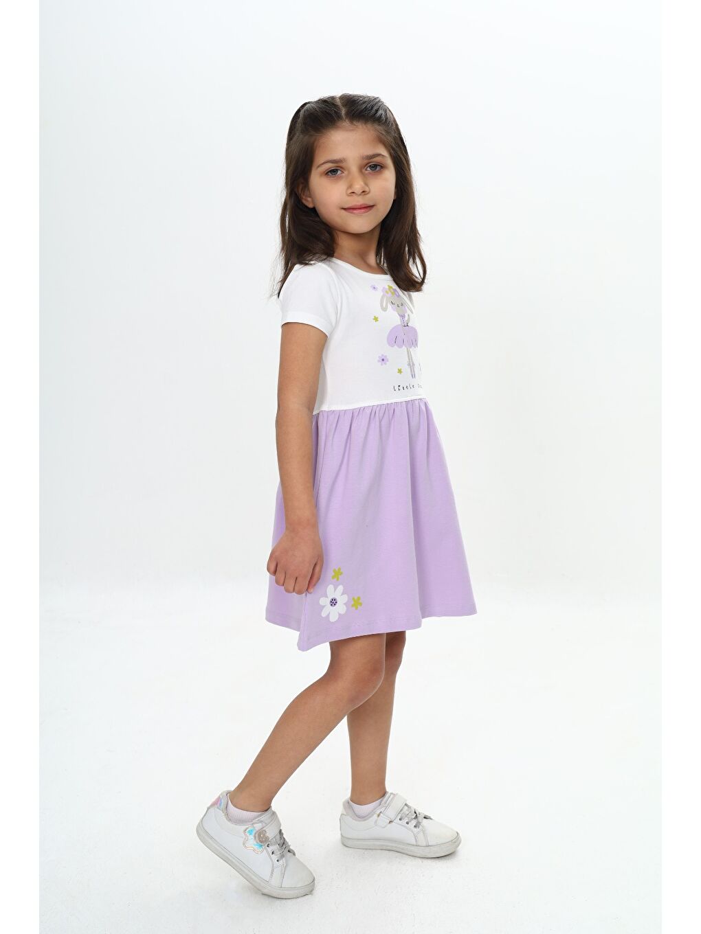 Lila Kız Çocuk Tavşan Çiçek Baskılı Elbise-5