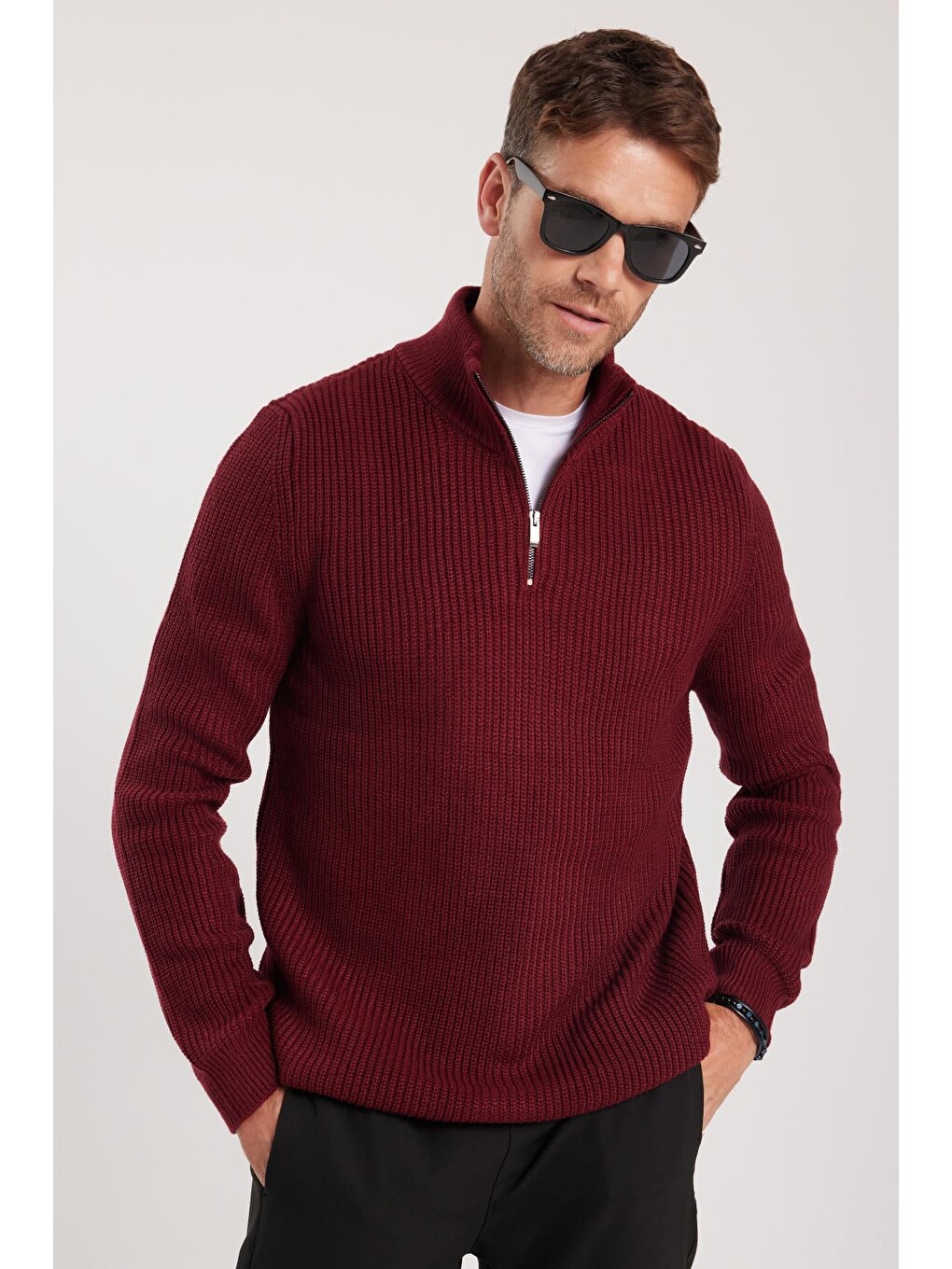 Erkek Slim Fit Dar Kesim Fermuarlı Bordo Dik Yaka Triko Kazak-3