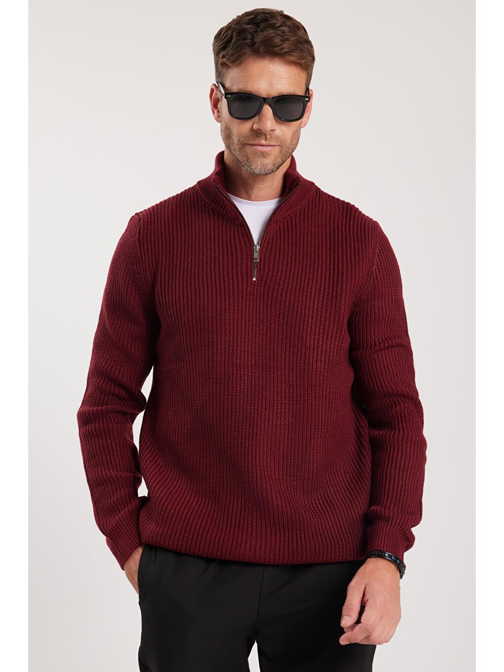 Erkek Slim Fit Dar Kesim Fermuarlı Bordo Dik Yaka Triko Kazak-4