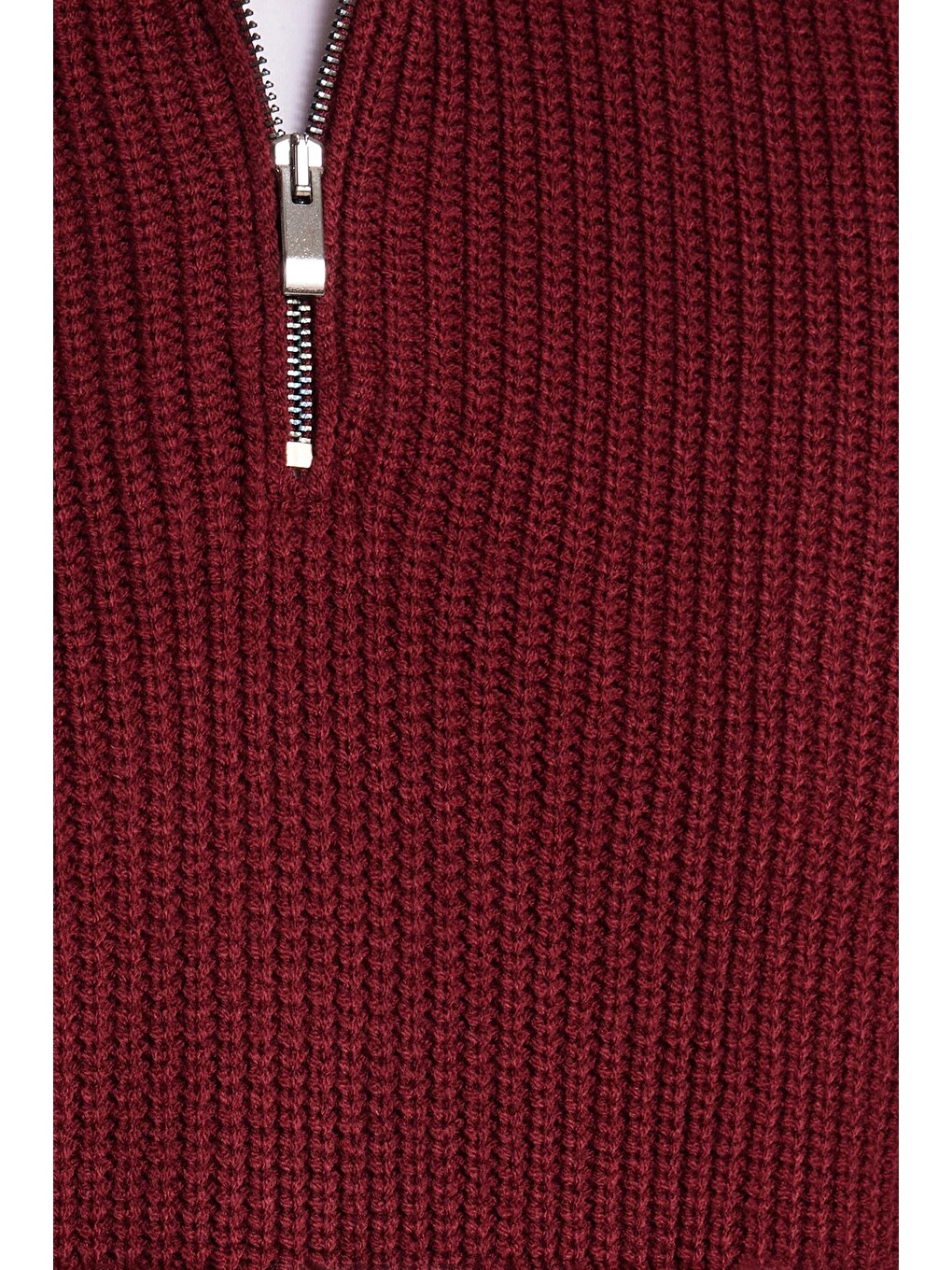 Erkek Slim Fit Dar Kesim Fermuarlı Bordo Dik Yaka Triko Kazak-5