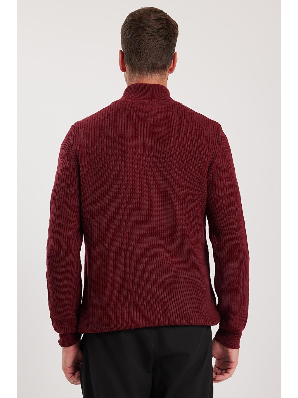 Erkek Slim Fit Dar Kesim Fermuarlı Bordo Dik Yaka Triko Kazak-6