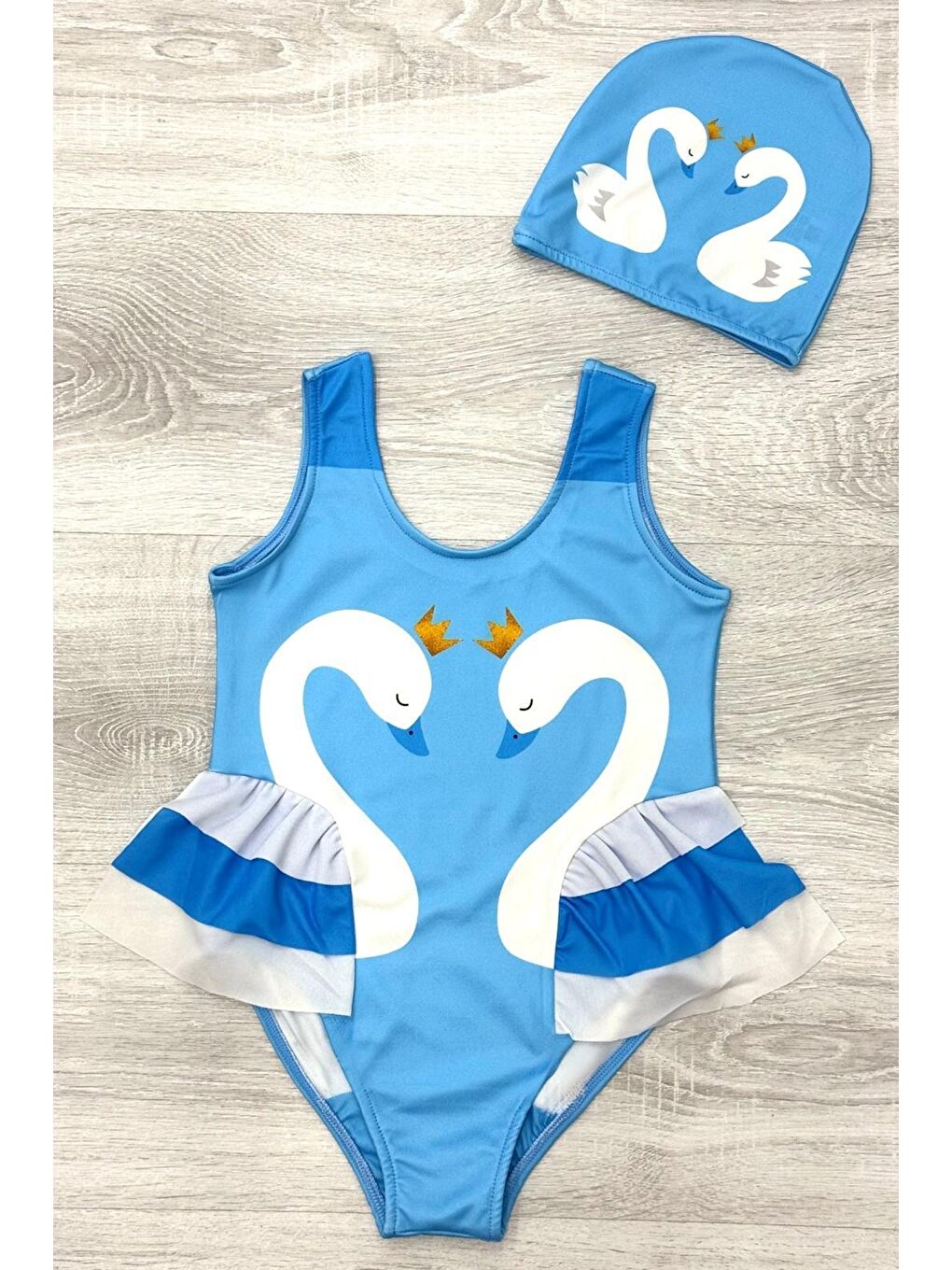 Mavi Kız Çocuk Kuğu Baskılı Fırfırlı ve Boneli Mayo Takımı 3-10 Yaş 12224