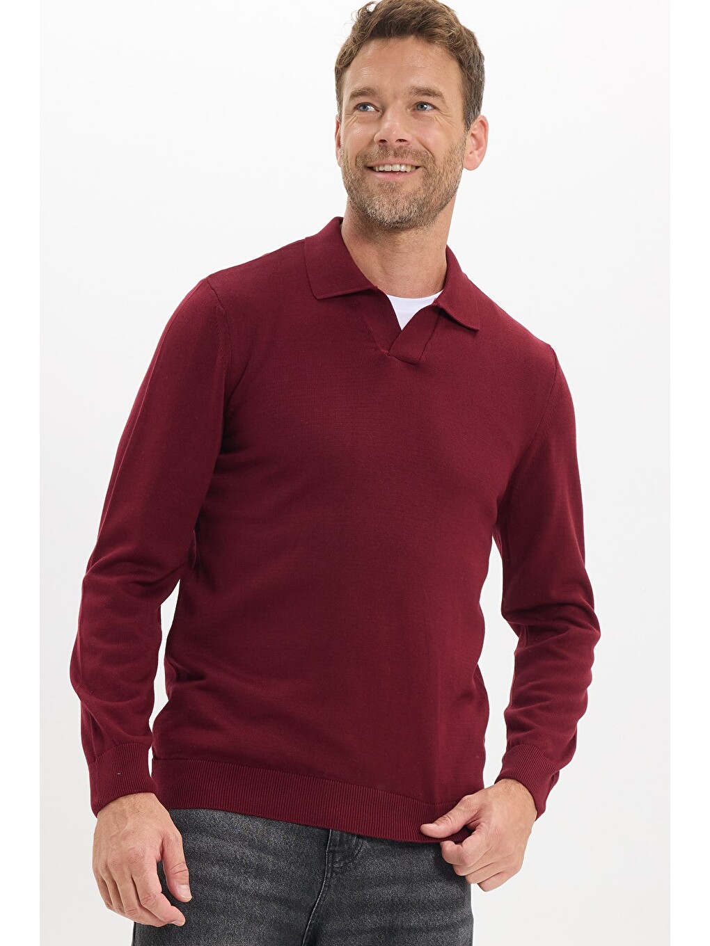 Erkek Standart Fit Normal Kesim Polo V Yaka Bordo Triko Kazak