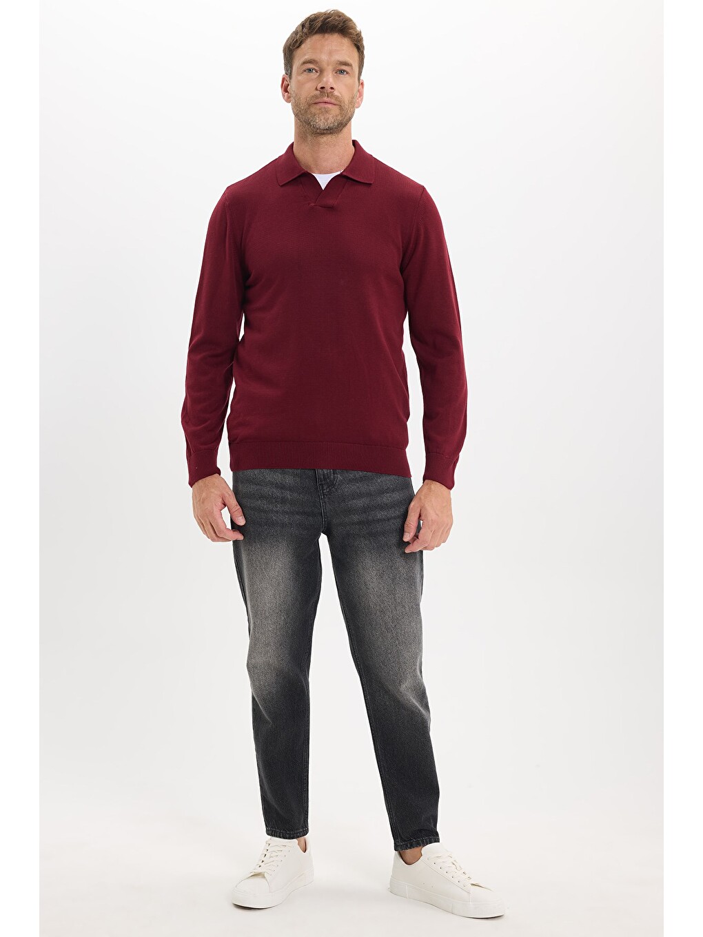 Erkek Standart Fit Normal Kesim Polo V Yaka Bordo Triko Kazak-1
