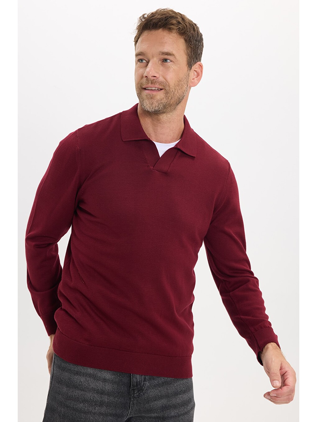 Erkek Standart Fit Normal Kesim Polo V Yaka Bordo Triko Kazak-2