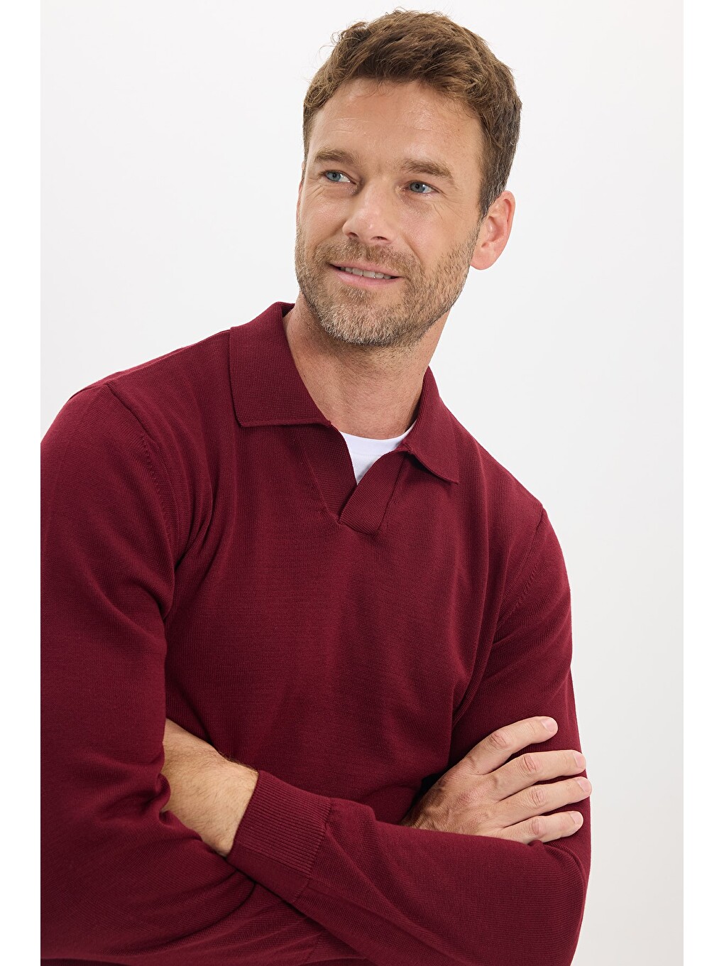 Erkek Standart Fit Normal Kesim Polo V Yaka Bordo Triko Kazak-3