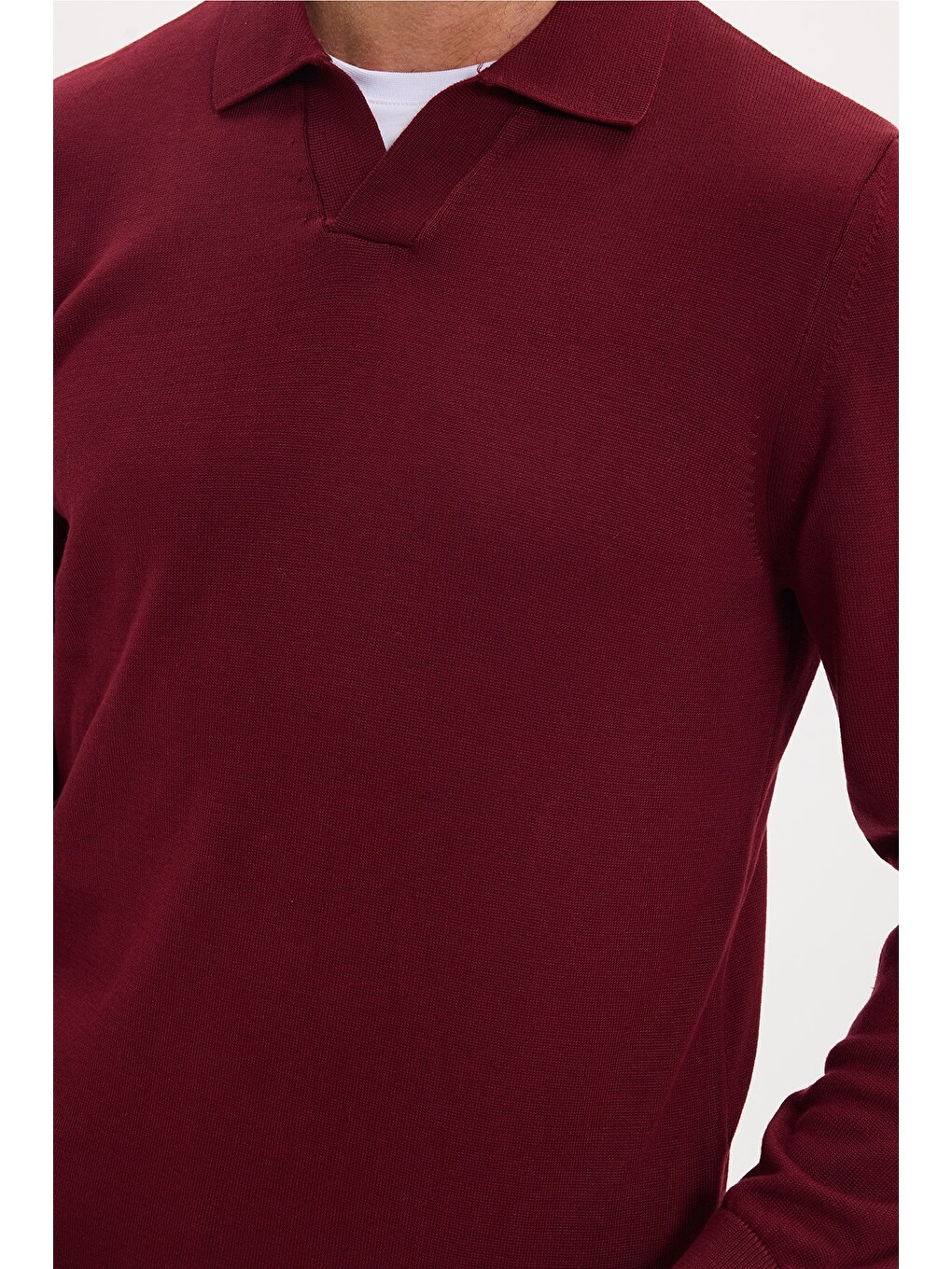 Erkek Standart Fit Normal Kesim Polo V Yaka Bordo Triko Kazak-4