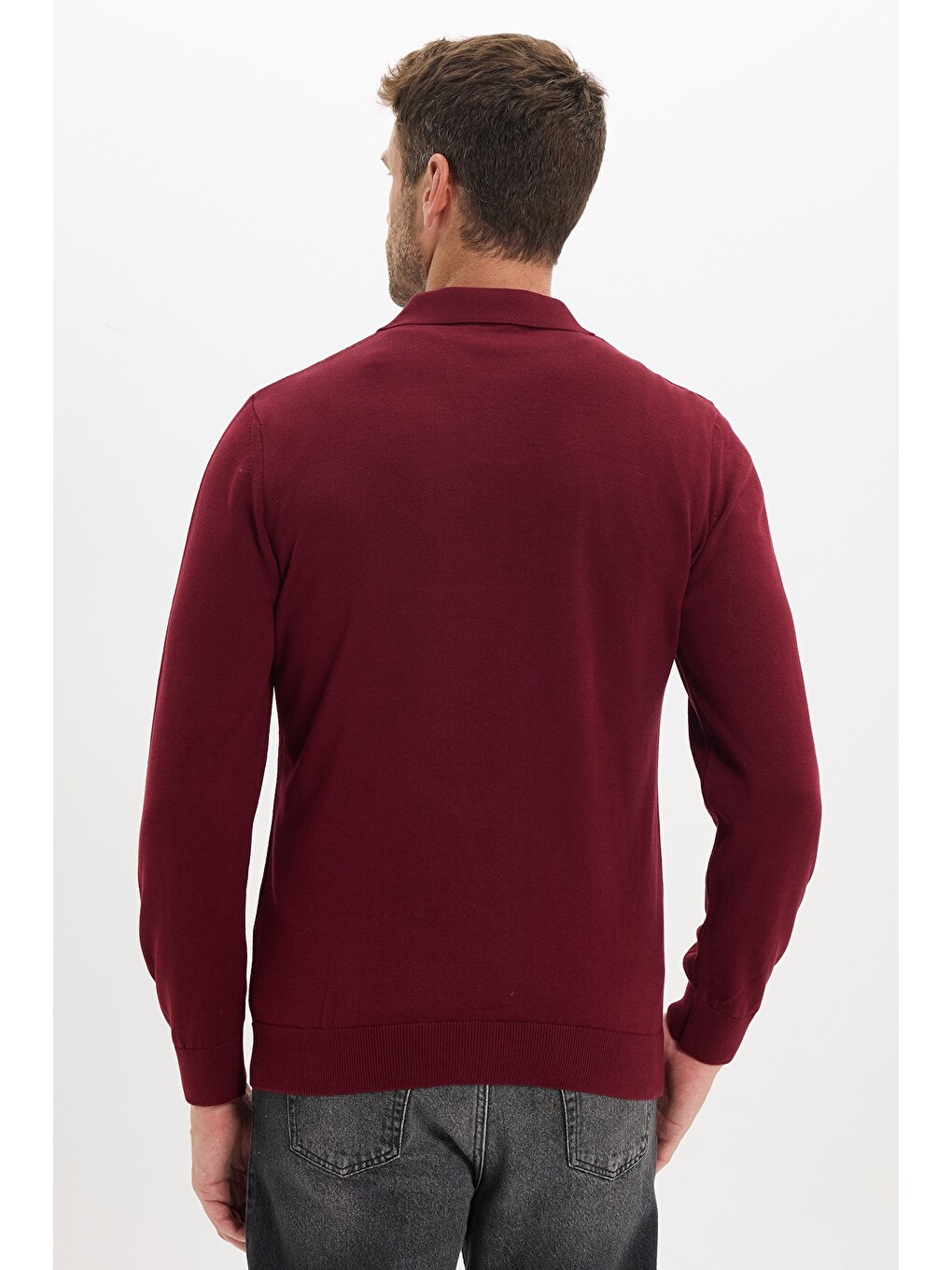 Erkek Standart Fit Normal Kesim Polo V Yaka Bordo Triko Kazak-6