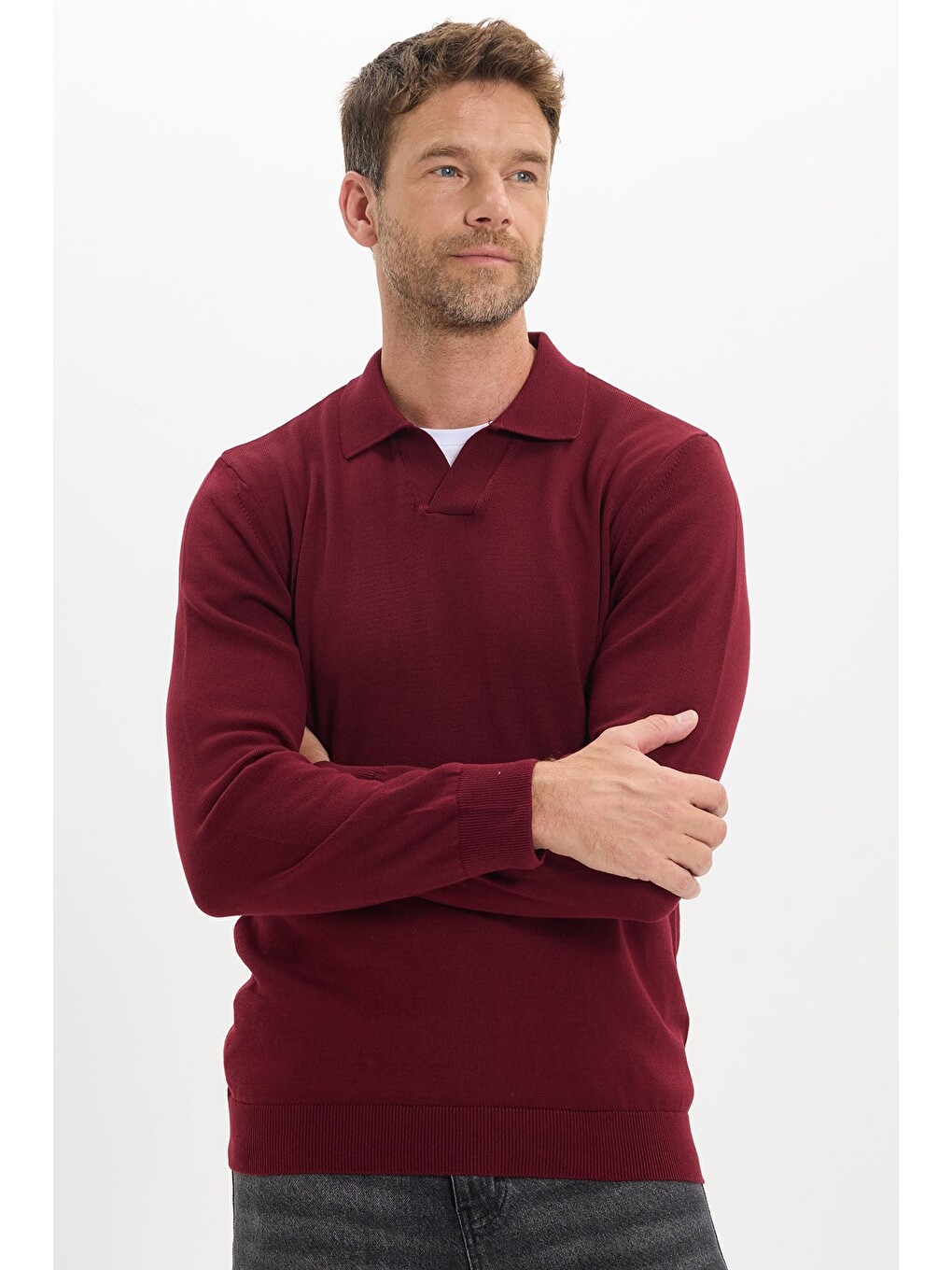 Erkek Standart Fit Normal Kesim Polo V Yaka Bordo Triko Kazak-7
