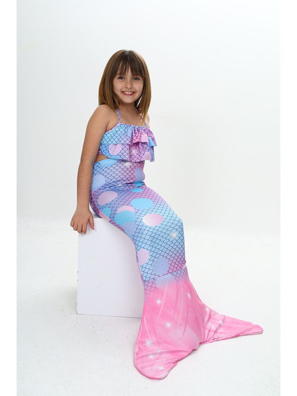 Lila Kız Çocuk Denizkızı Kostümlü 3'lü Mayo Takımı (Alt+Üst+Kostüm) 3-12 Yaş 12217-1