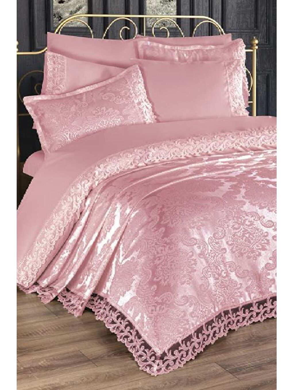 Pembe Fransız Dantelli Belinda Gelin Seti 7 Parça Pudra-1