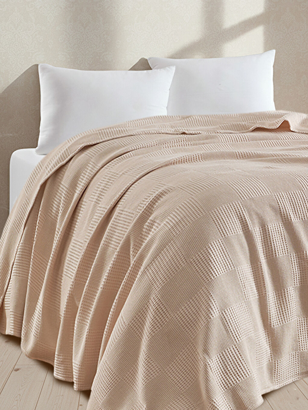 %100 Pamuk Pike Battal Boy Örtü – Karo Desen Bej Renk, 240x230 cm