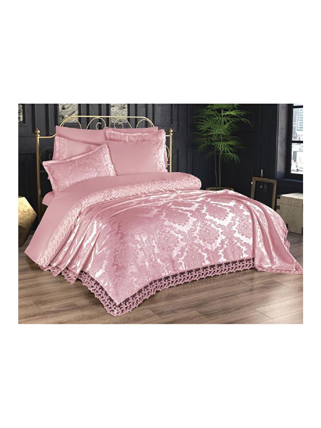 Pembe Fransız Dantelli Belinda Gelin Seti 7 Parça Pudra-2