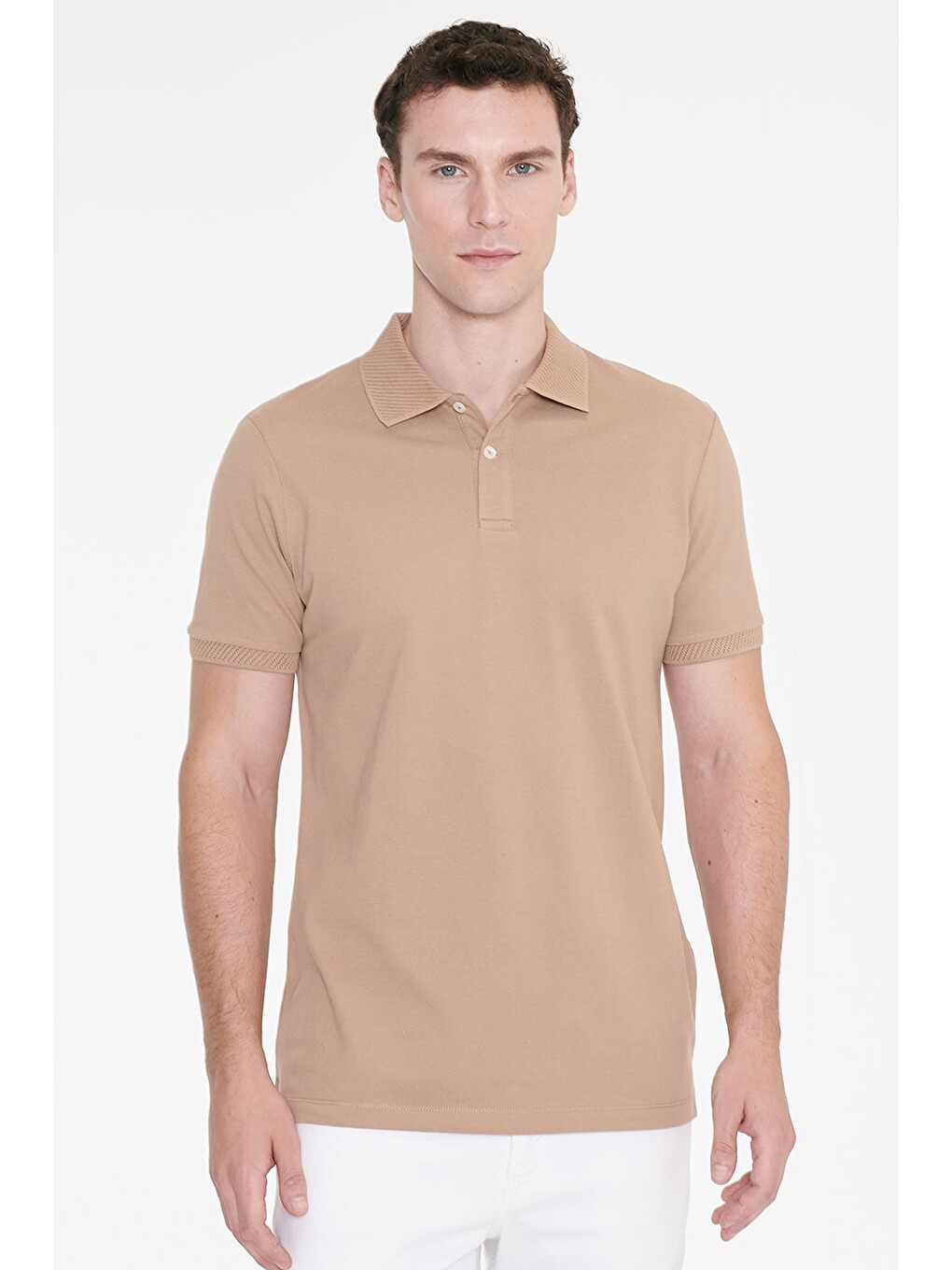 Bej Erkek Vizon Slim Fit Dar Kesim %100 Pamuk Polo Yaka Kısa Kollu Tişört