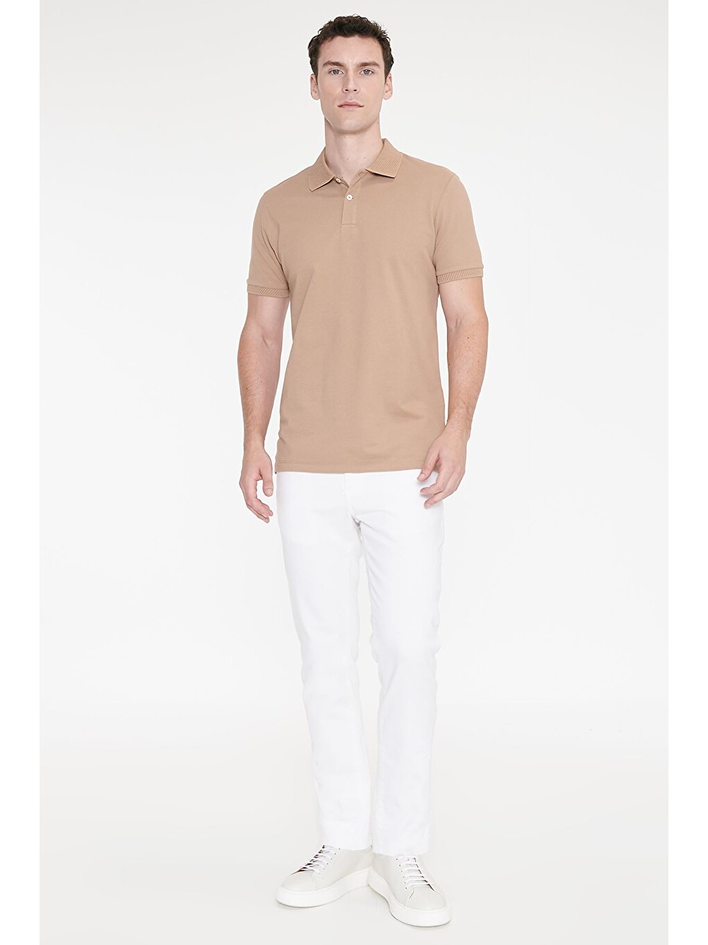 Bej Erkek Vizon Slim Fit Dar Kesim %100 Pamuk Polo Yaka Kısa Kollu Tişört-1