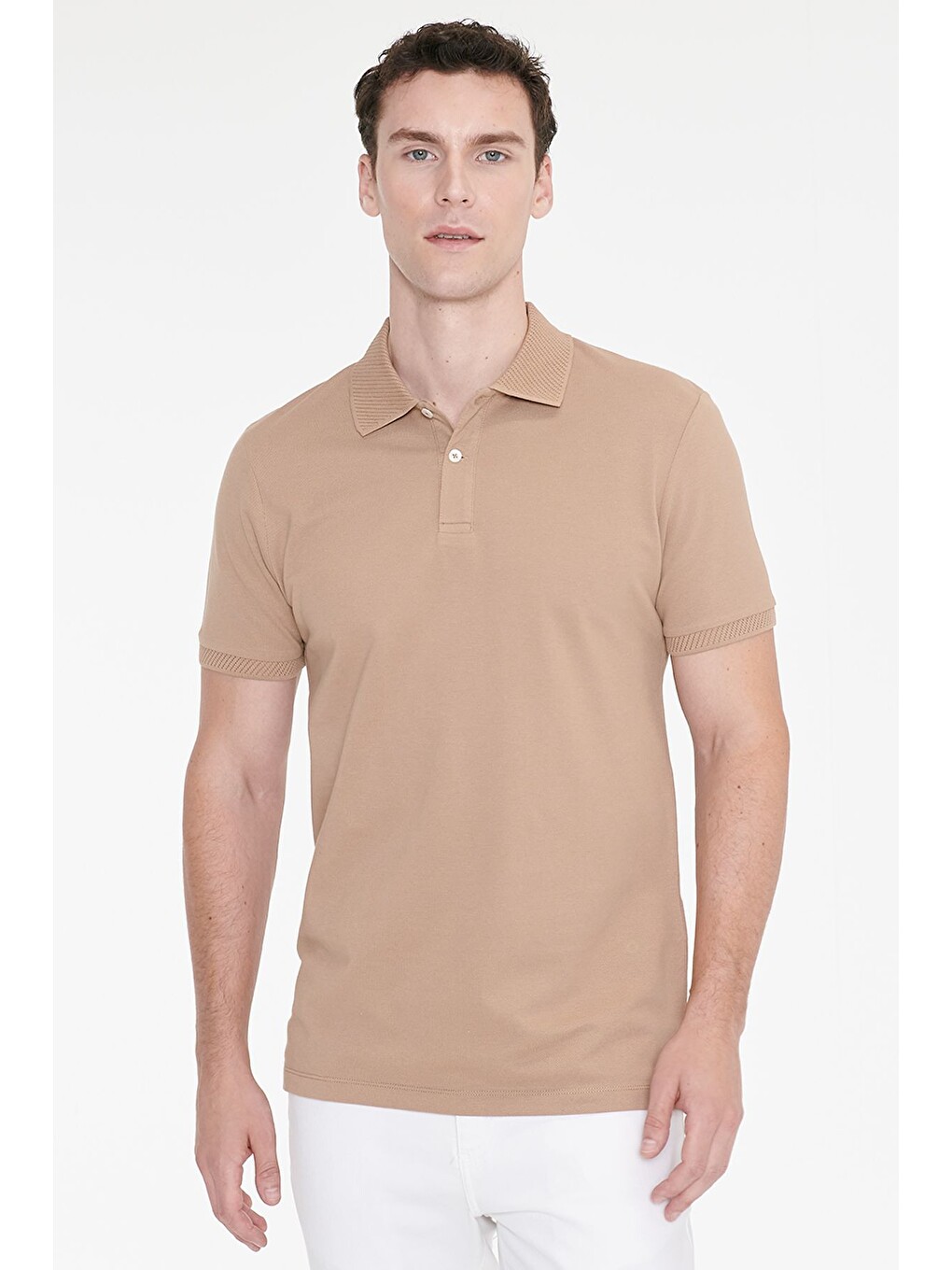 Bej Erkek Vizon Slim Fit Dar Kesim %100 Pamuk Polo Yaka Kısa Kollu Tişört-2