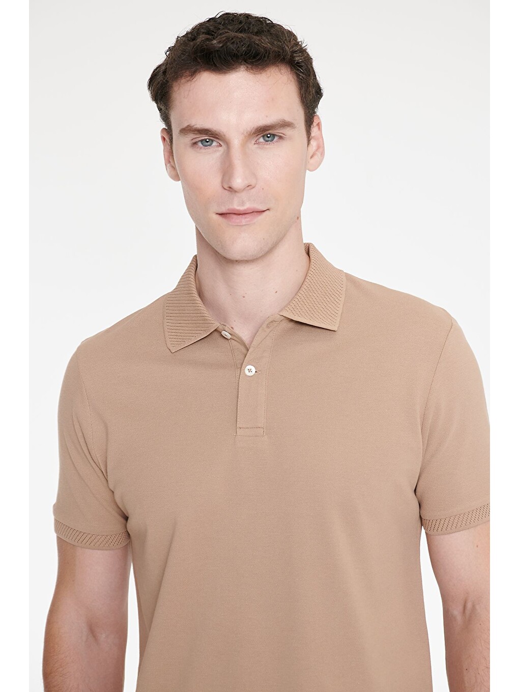 Bej Erkek Vizon Slim Fit Dar Kesim %100 Pamuk Polo Yaka Kısa Kollu Tişört-3