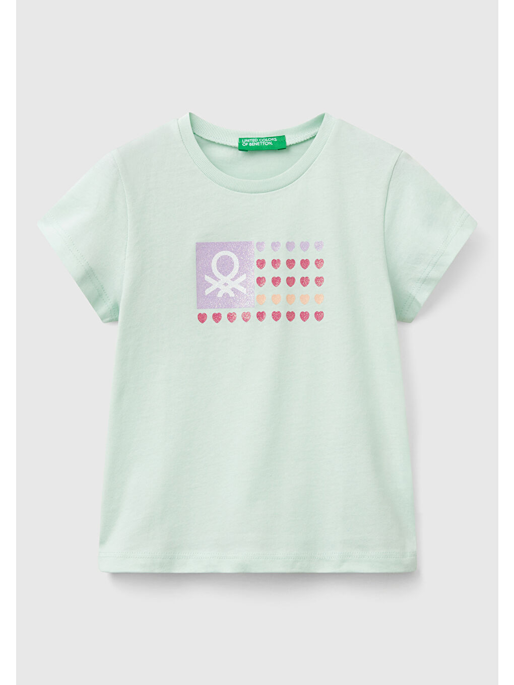 Turkuaz Kız Çocuk Su Yeşili Simli Benetton Logo Baskılı Tişört
