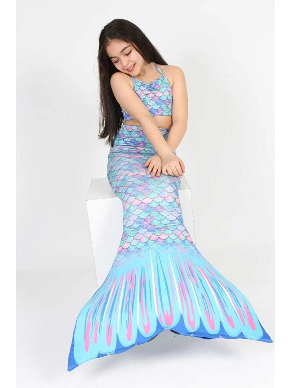 Mavi Kız Çocuk Denizkızı Kostümlü Mayo Takımı (Alt+Üst+Kostüm) 3-12 Yaş 12215-1