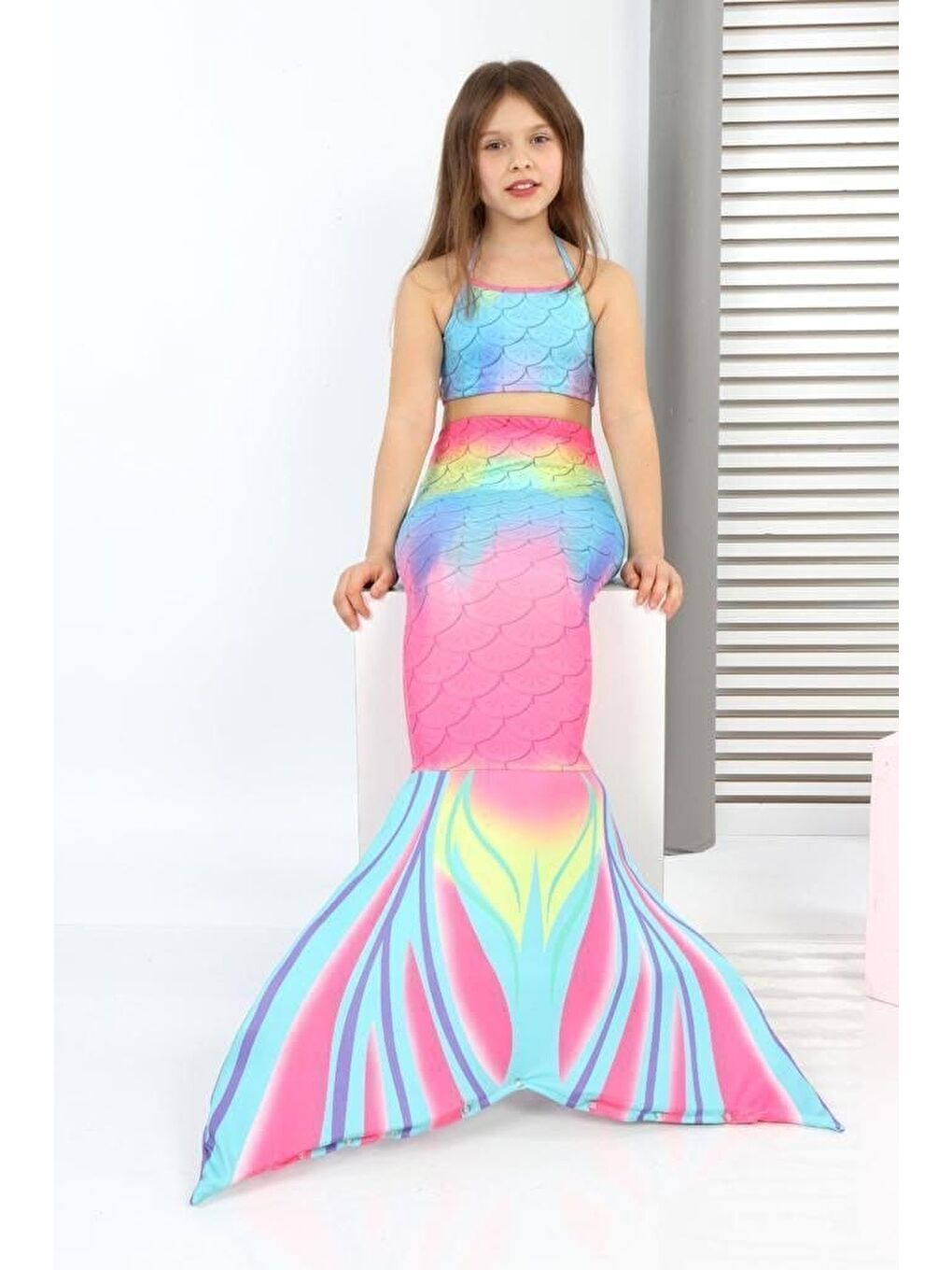 Karışık Kız Çocuk Denizkızı Kostümlü Mayo Takımı (Alt+Üst+Kostüm) 3-12 Yaş 12215