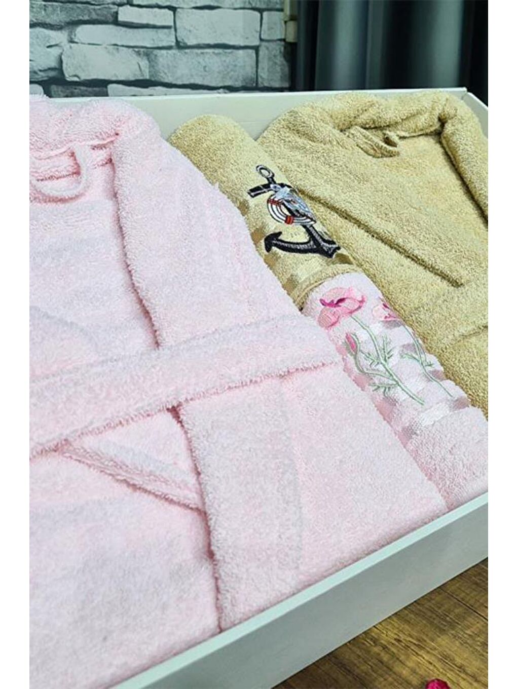 Karışık Çeyizlik Aile Bornoz Seti 4 Parça Pudra Cappucino-3