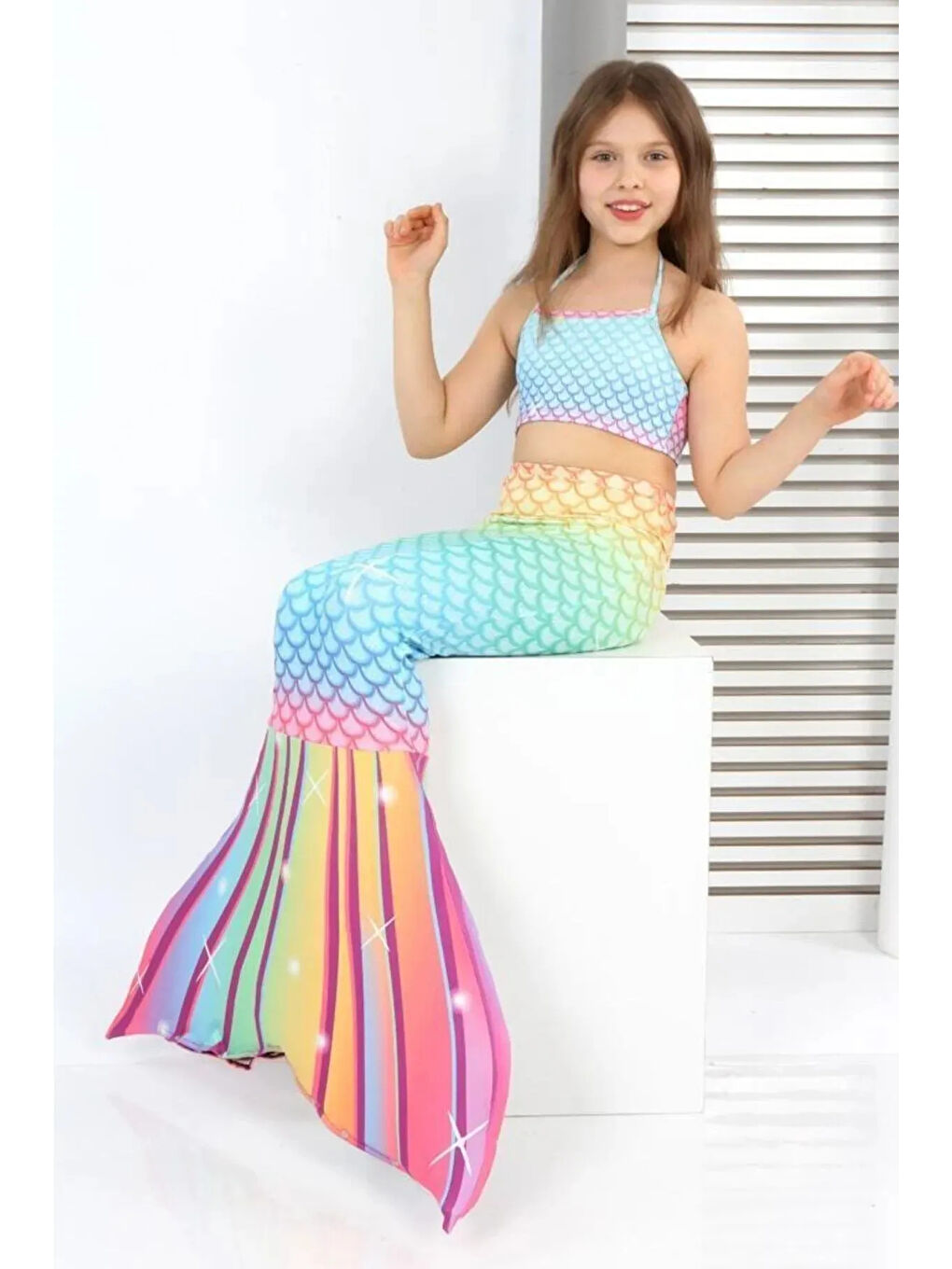 Karışık Kız Çocuk Denizkızı Kostümlü Mayo Takımı (Alt+Üst+Kostüm) 3-12 Yaş 12215-1