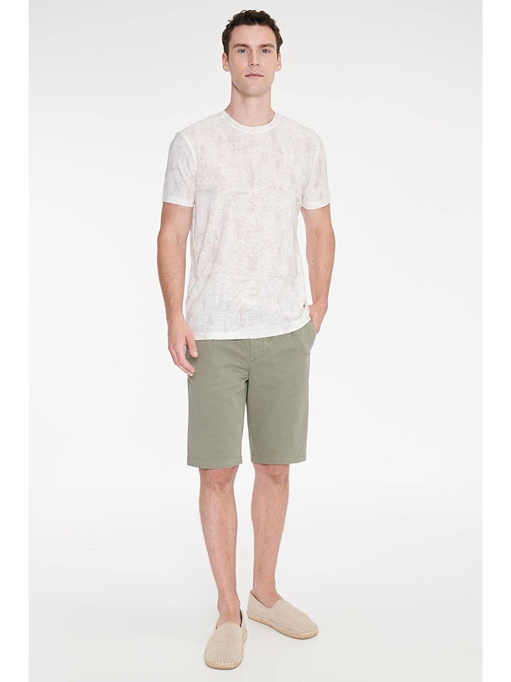 Erkek Ekru Pamuklu Slim Fit Dar Kesim Bisiklet Yaka Baskılı Tişört-1