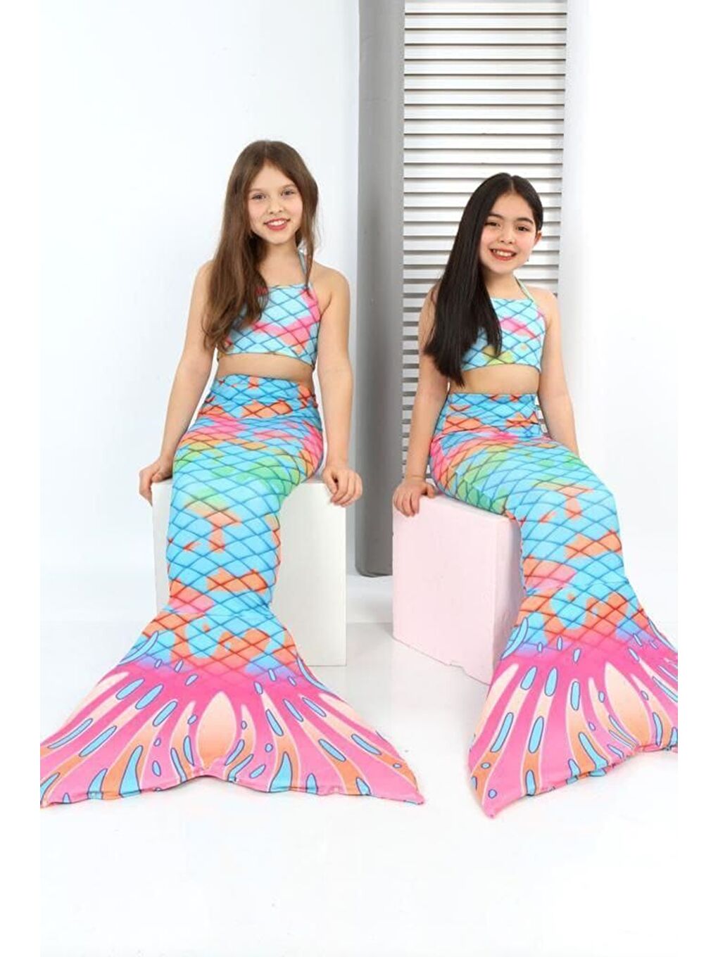 Turkuaz Kız Çocuk Denizkızı Kostümlü Mayo Takımı (Alt+Üst+Kostüm) 3-12 Yaş 12215