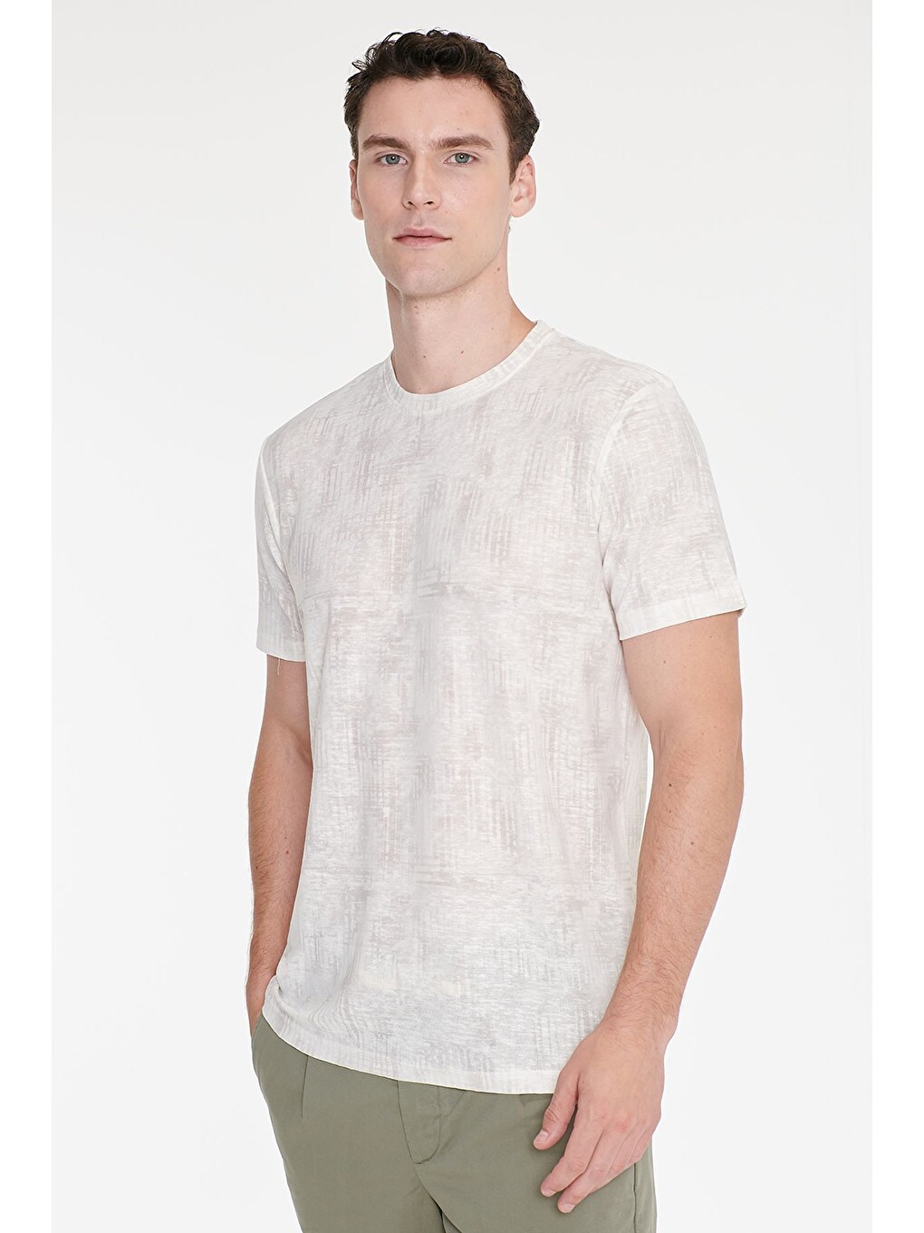 Erkek Ekru Pamuklu Slim Fit Dar Kesim Bisiklet Yaka Baskılı Tişört-2