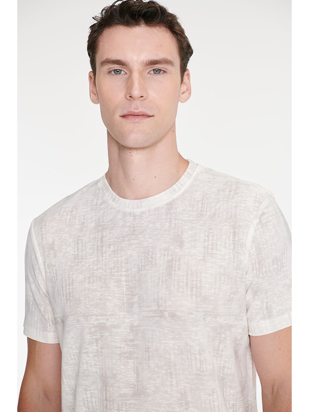 Erkek Ekru Pamuklu Slim Fit Dar Kesim Bisiklet Yaka Baskılı Tişört-3