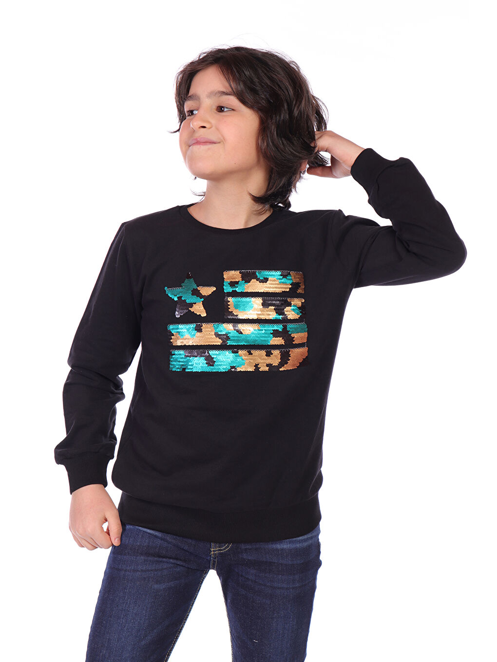 Toontoykids Siyah Erkek Çocuk Kamuflaj Pullu Sweatshirt