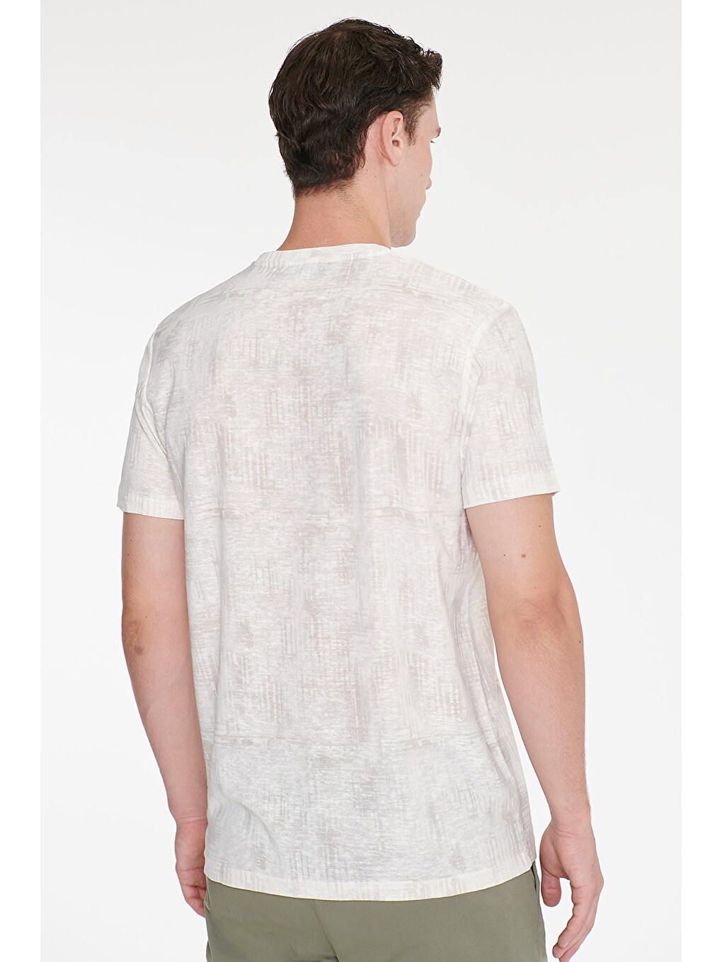 Erkek Ekru Pamuklu Slim Fit Dar Kesim Bisiklet Yaka Baskılı Tişört-4