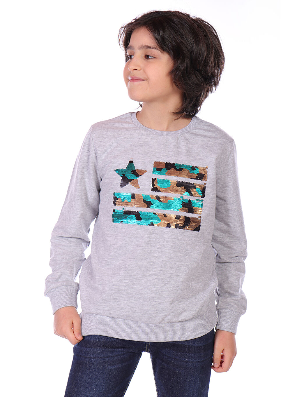 Toontoykids Gri Melanj Erkek Çocuk Kamuflaj Pullu Sweatshirt