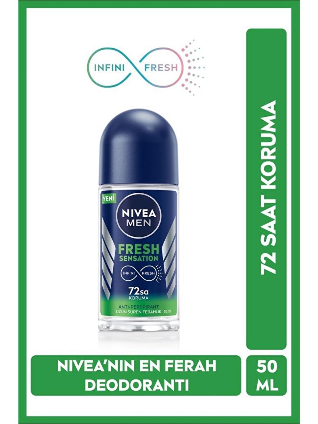 NIVEA Men Fresh Sensation Roll On Deodorant 50 ml, 72 Saat Anti-Perspirant Koruma, Uzun Süren Ferahlık